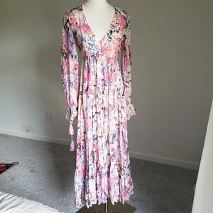 Rococo Sand Leila Floral Pink Maxi Dress Long Sleeves XS‎ Fairy Boho